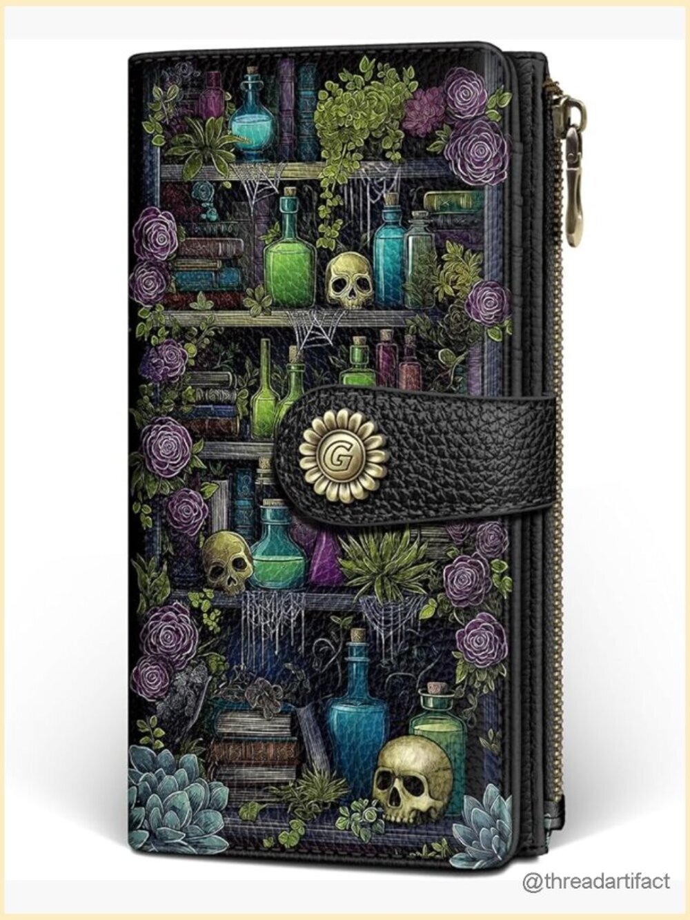 RFID Blocking Bifold Wallet - 11 Card Slots, Zipper Coin Pocket, Gothic Skull